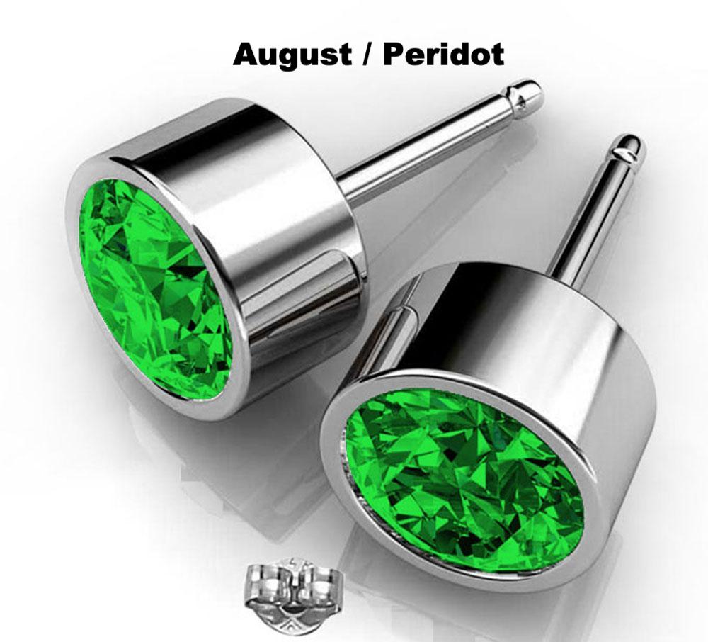 Birthstone Swarovski stud earrings in August Peridot silver round